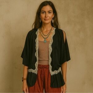 Express Black Lace Silk Blend Kimono Cardigan Size Small